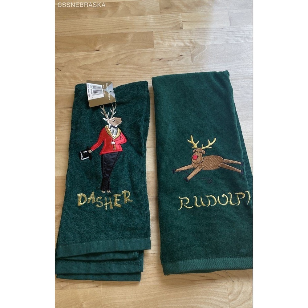 Home Innovations Hunter Green, Christmas Hand Towel Set Embroidered Reindeer NWT
